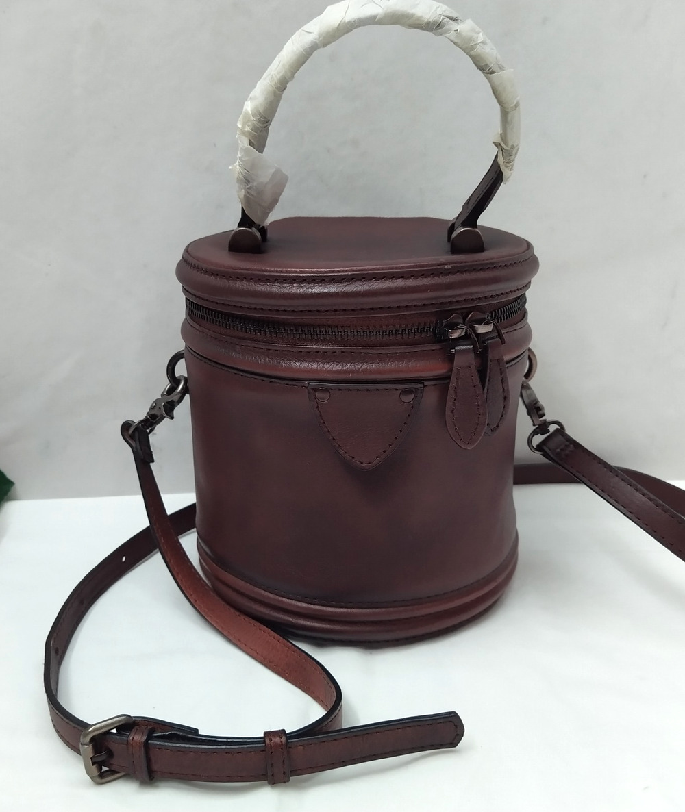 Leteulo Brown Leather Bucket Zip Around Crossbody Bag - New Without Tag